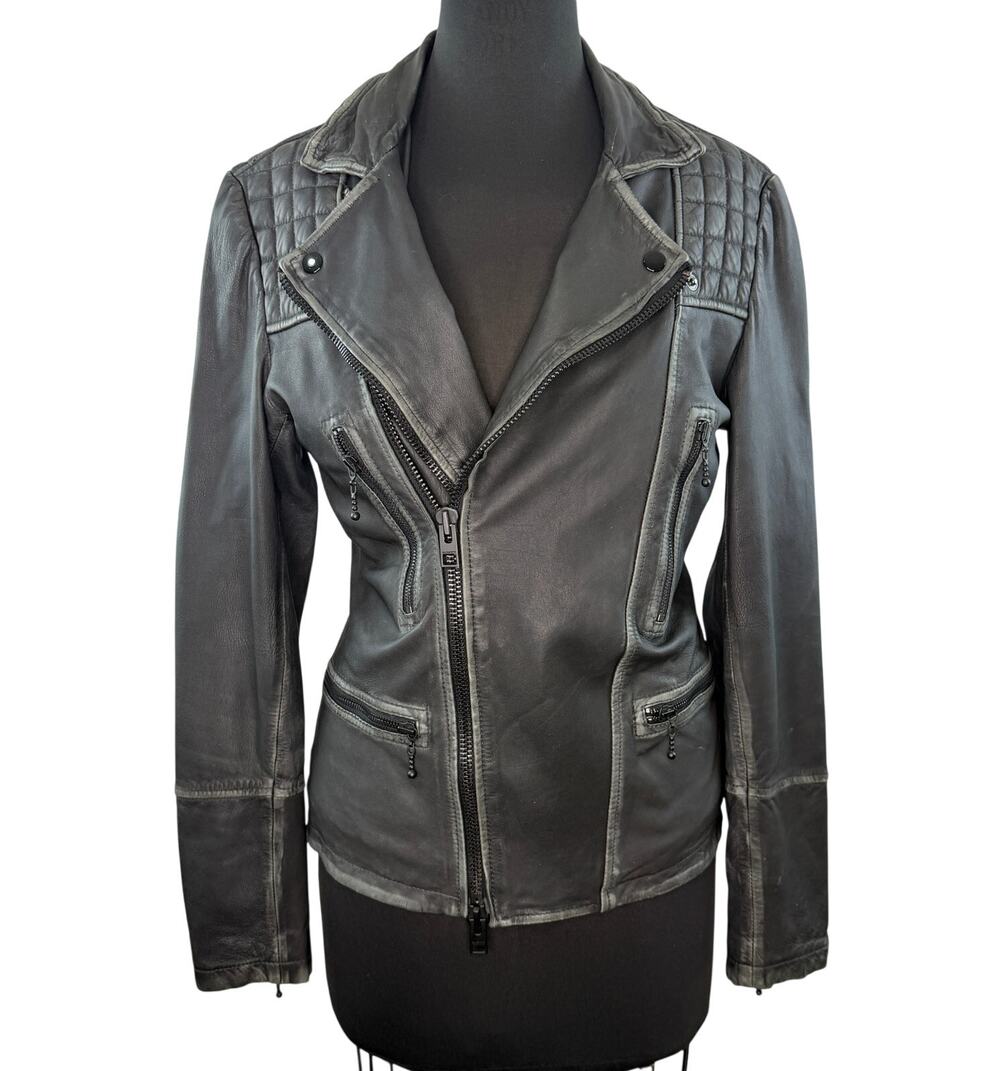 AllSaints Black Gray Cargo Biker Jacket Leather Distressed Asymmetric Zip Sz XS